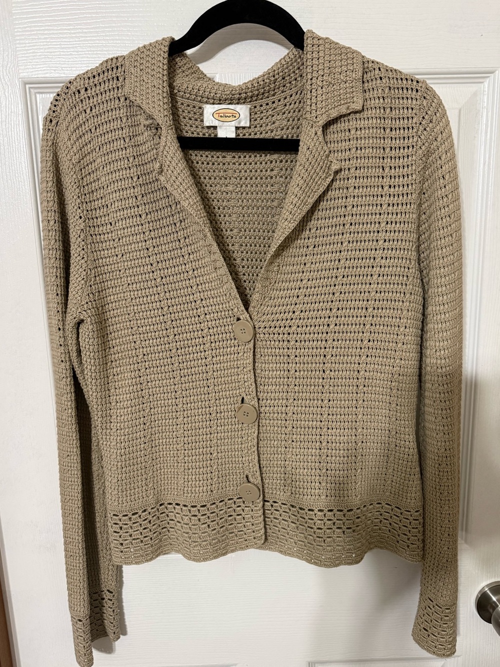 VTG Talbots Open Knit Silk Blend Collared Cardigan Sweater Beige Size L